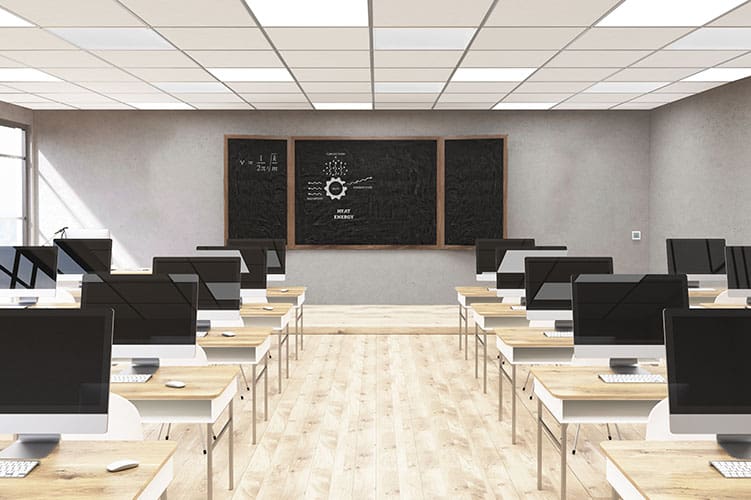 Riscaldatori a infrarossi a pannello per controsoffitti in aule scolastiche