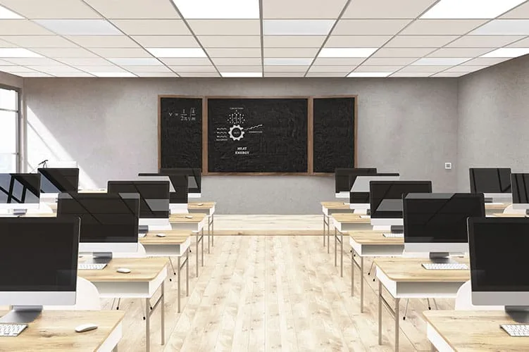 Riscaldatori a infrarossi a pannello per controsoffitti in aule scolastiche