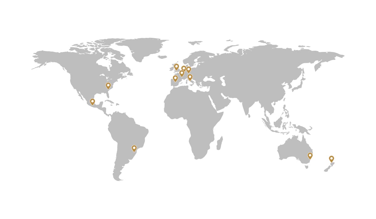 Mappa delle attività globali di Herschel in Nord America, America Latina, Europa, Australia e Nuova Zelanda.